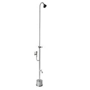 Tall stainless steel freestanding outdoor shower unit with curved showerhead, side spray valve, and drinking fountain bubbler