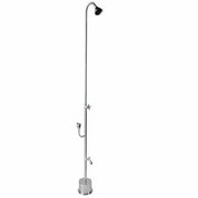Tall stainless steel free-standing outdoor shower with curved showerhead, side hose faucet, and lower drinking fountain bubbl