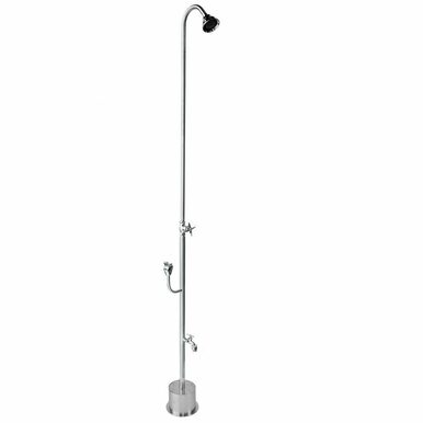 Tall stainless steel free-standing outdoor shower with curved showerhead, side hose faucet, and lower drinking fountain bubbl