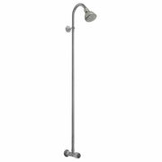 Stainless steel wall-mounted shower unit with curved riser pipe and round showerhead.