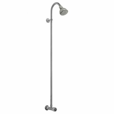 Stainless steel wall-mounted shower unit with curved riser pipe and round showerhead.