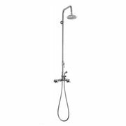 Wall-mounted shower system with overhead showerhead, hand spray, and dual control valves on vertical stainless steel post.