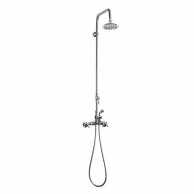 Wall-mounted shower system with overhead showerhead, hand spray, and dual control valves on vertical stainless steel post.