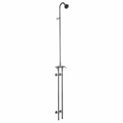 Wall-mounted shower fixture with curved showerhead, vertical pipe, and dual control handles for hot and cold water adjustment