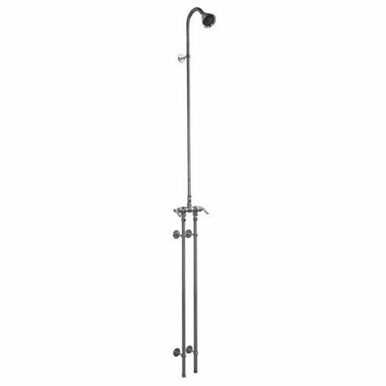 Wall-mounted shower fixture with curved showerhead, vertical pipe, and dual control handles for hot and cold water adjustment