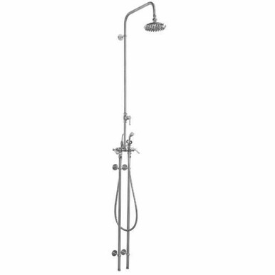 Wall-mounted stainless steel shower system with overhead rainfall showerhead, hand spray, and dual control handles.