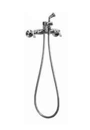 Wall-mounted shower fixture with dual handles, overhead spray head, and detachable hand spray on hose.