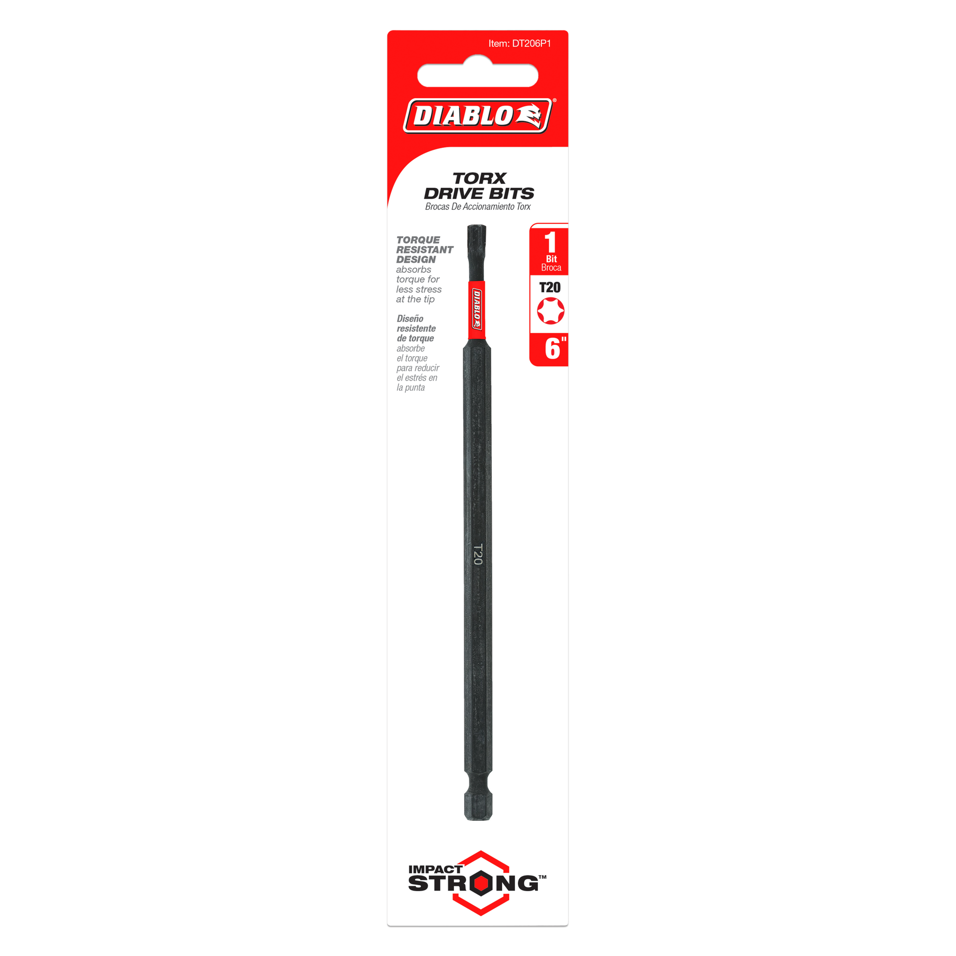 Black Diablo #20 Torx drive bit, 6 inches long, with red grip section and hexagonal head.