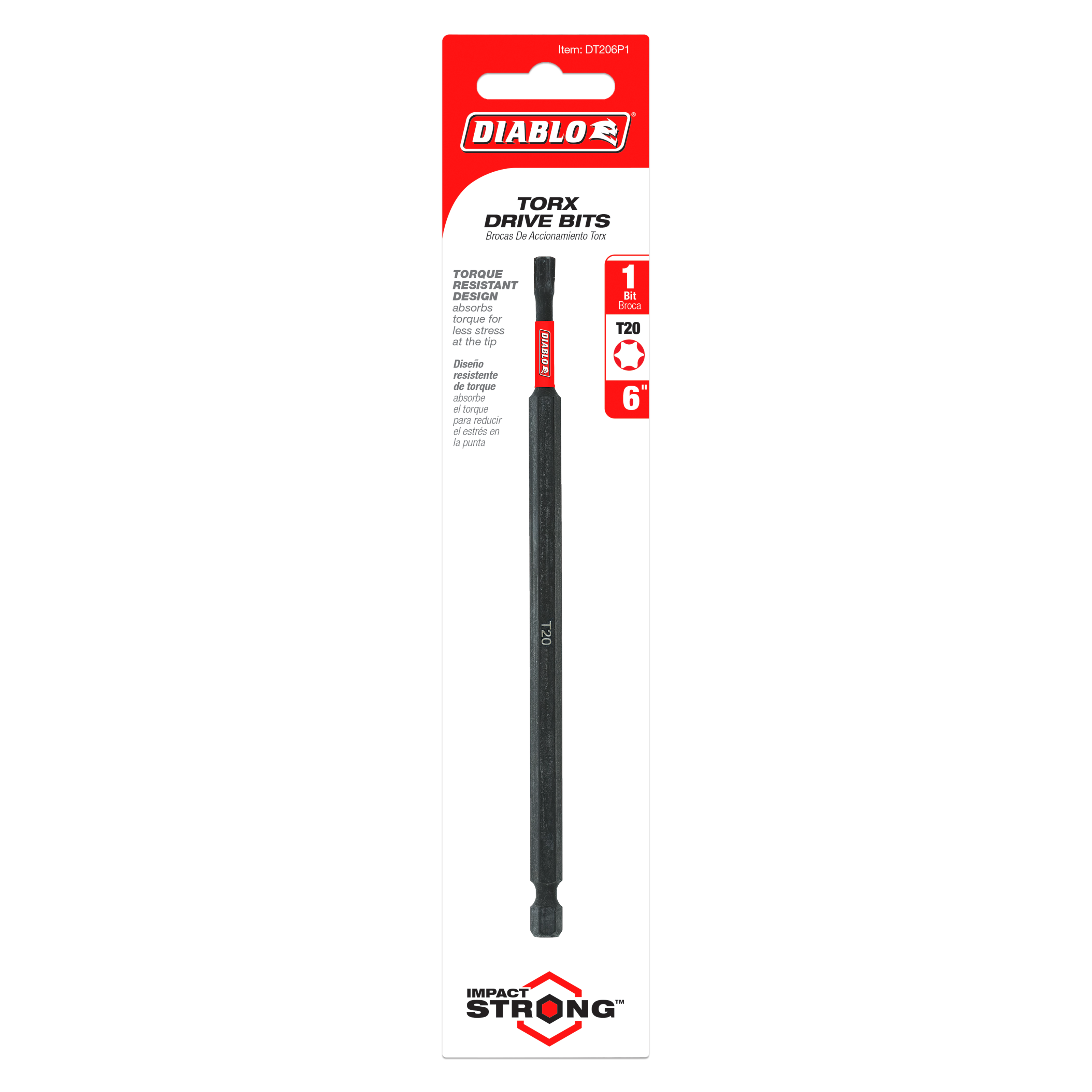 Black Diablo #20 Torx drive bit, 6 inches long, with red grip section and hexagonal head.