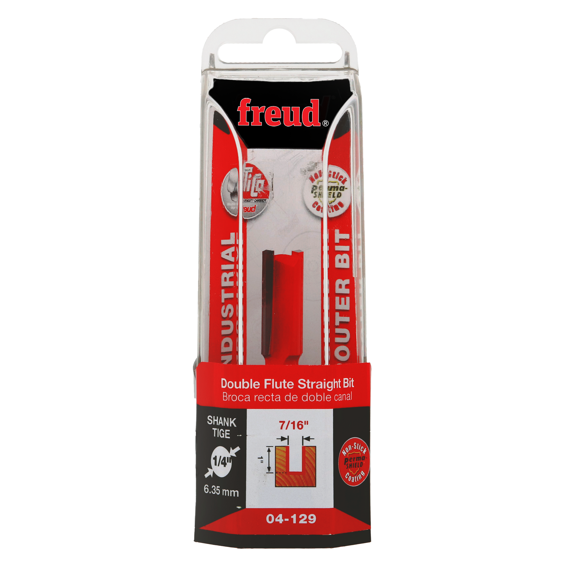 Red double flute straight router bit with 1/4" shank in clear plastic clamshell package.