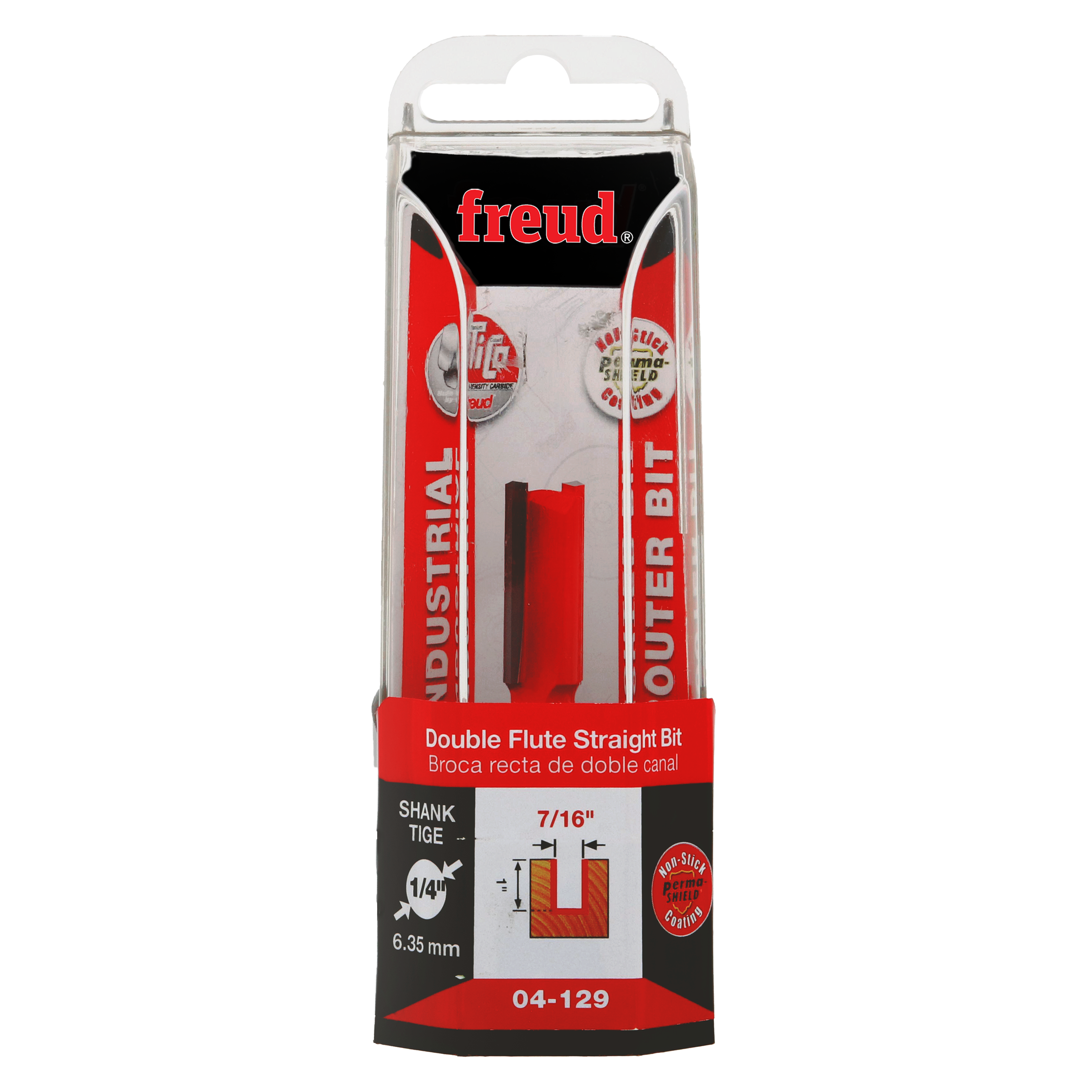 Red double flute straight router bit with 1/4" shank in clear plastic clamshell package.