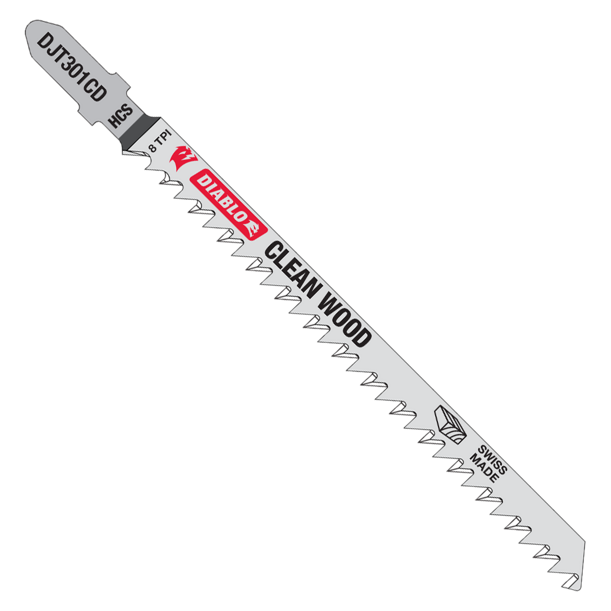 Diablo T-shank jig saw blade with 8 TPI teeth and "Clean Wood" labeling on silver steel body.