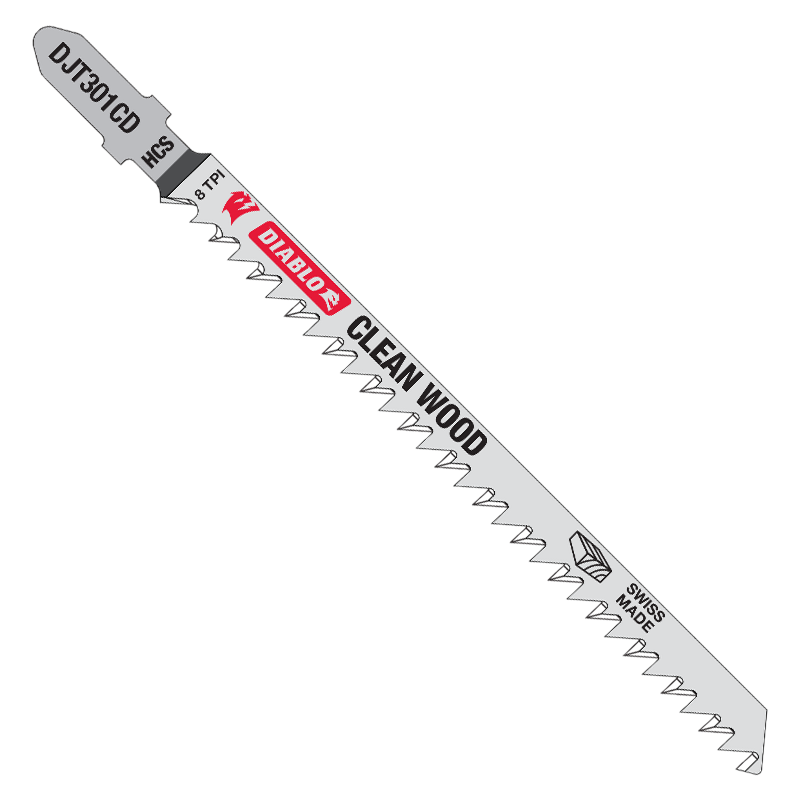 Diablo T-shank jig saw blade with 8 TPI teeth and "Clean Wood" labeling on silver steel body.