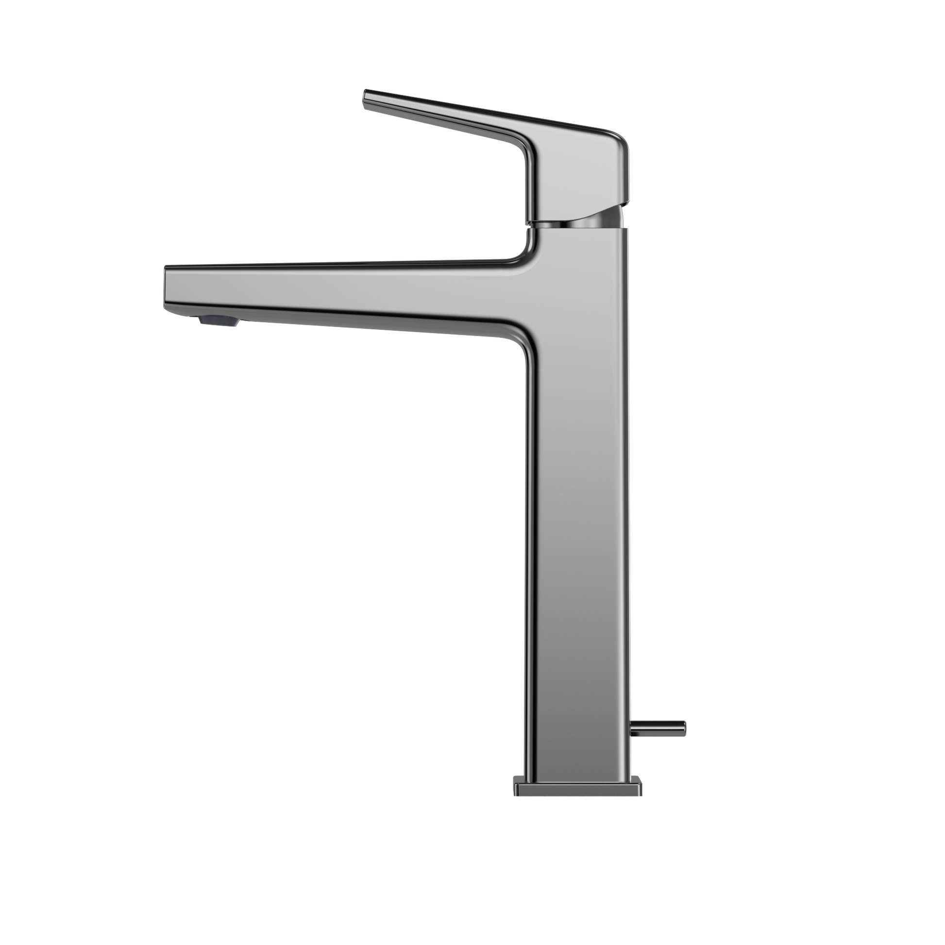 Polished chrome single-handle bathroom faucet with curved spout and tall rectangular body for vessel sinks.