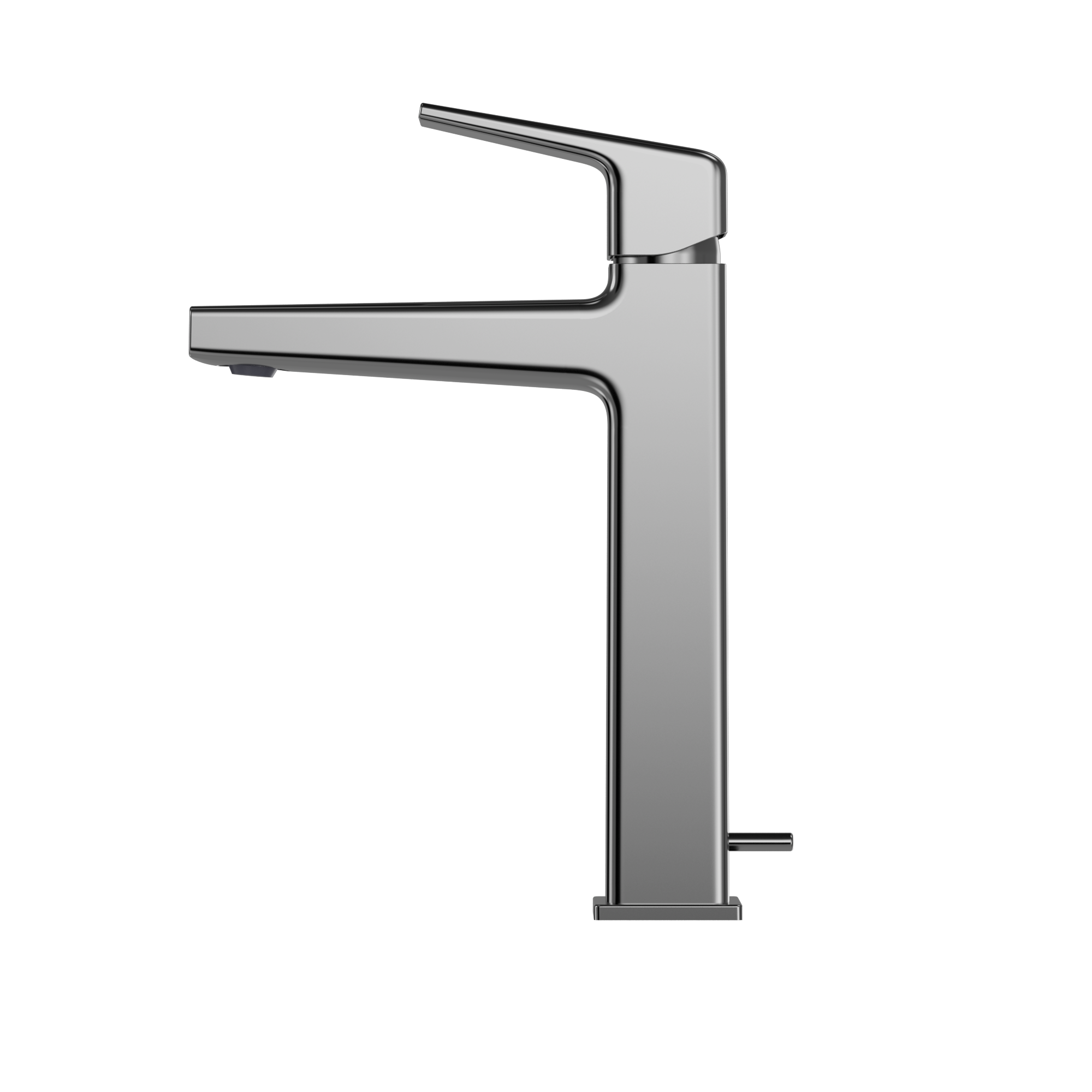 Polished chrome single-handle bathroom faucet with curved spout and tall rectangular body for vessel sinks.