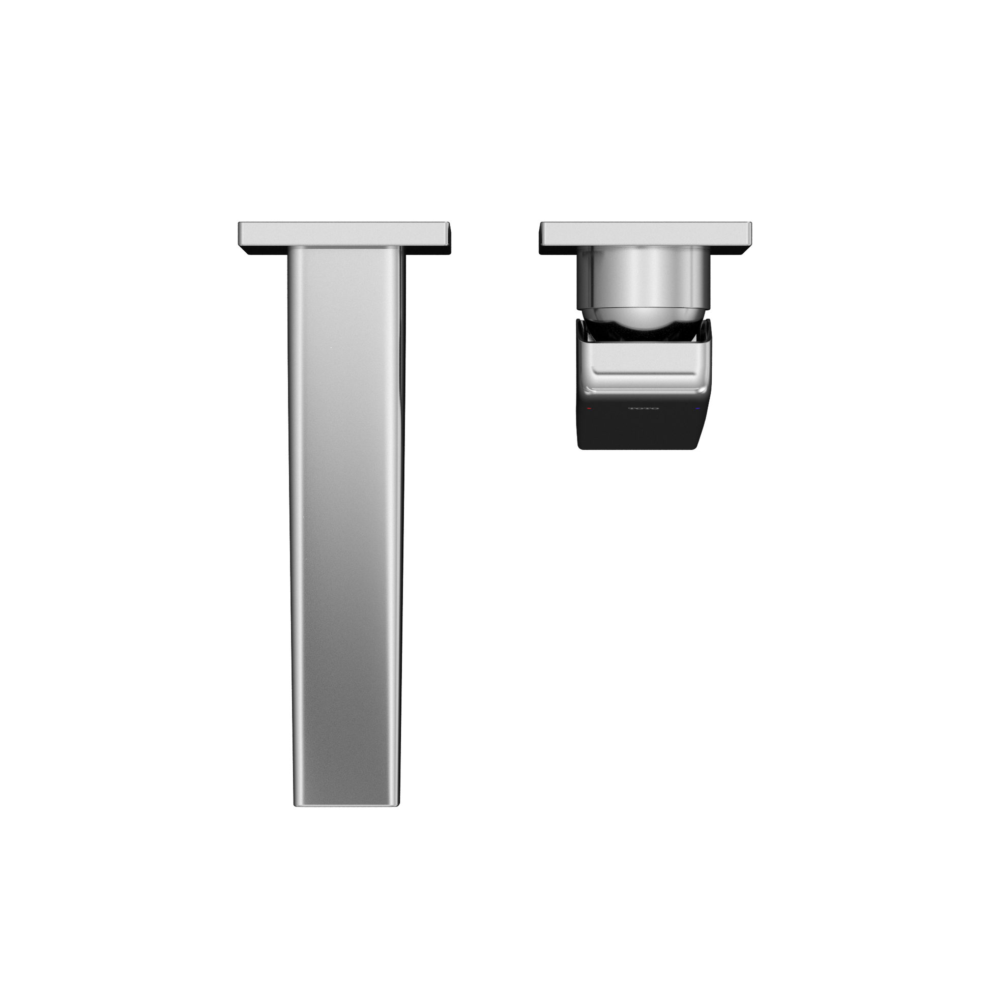 Polished chrome wall-mount bathroom faucet with single handle and rectangular spout in vertical and top-down views.