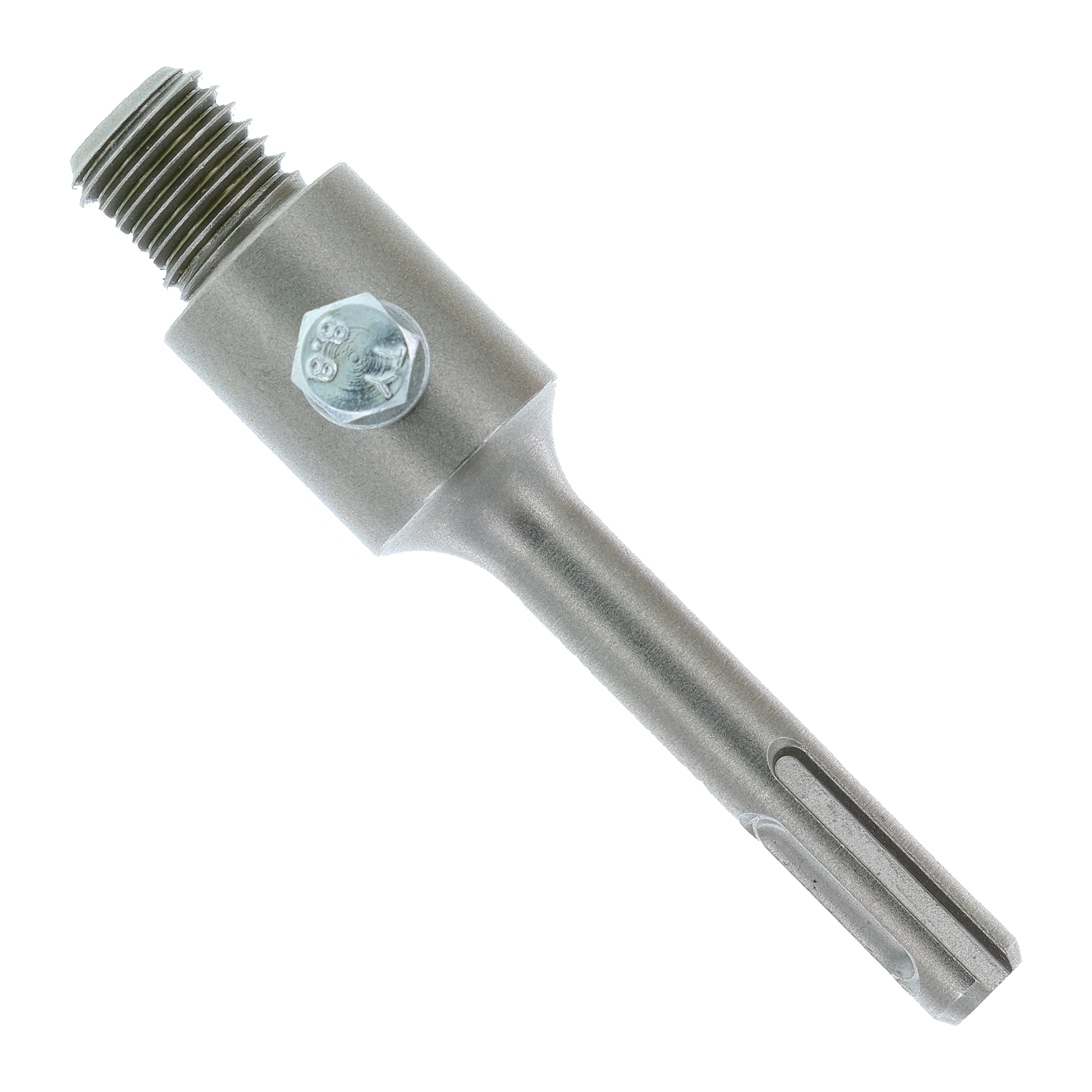 Gray metal SDS-Plus core bit extension with threaded male connector end and female socket end.