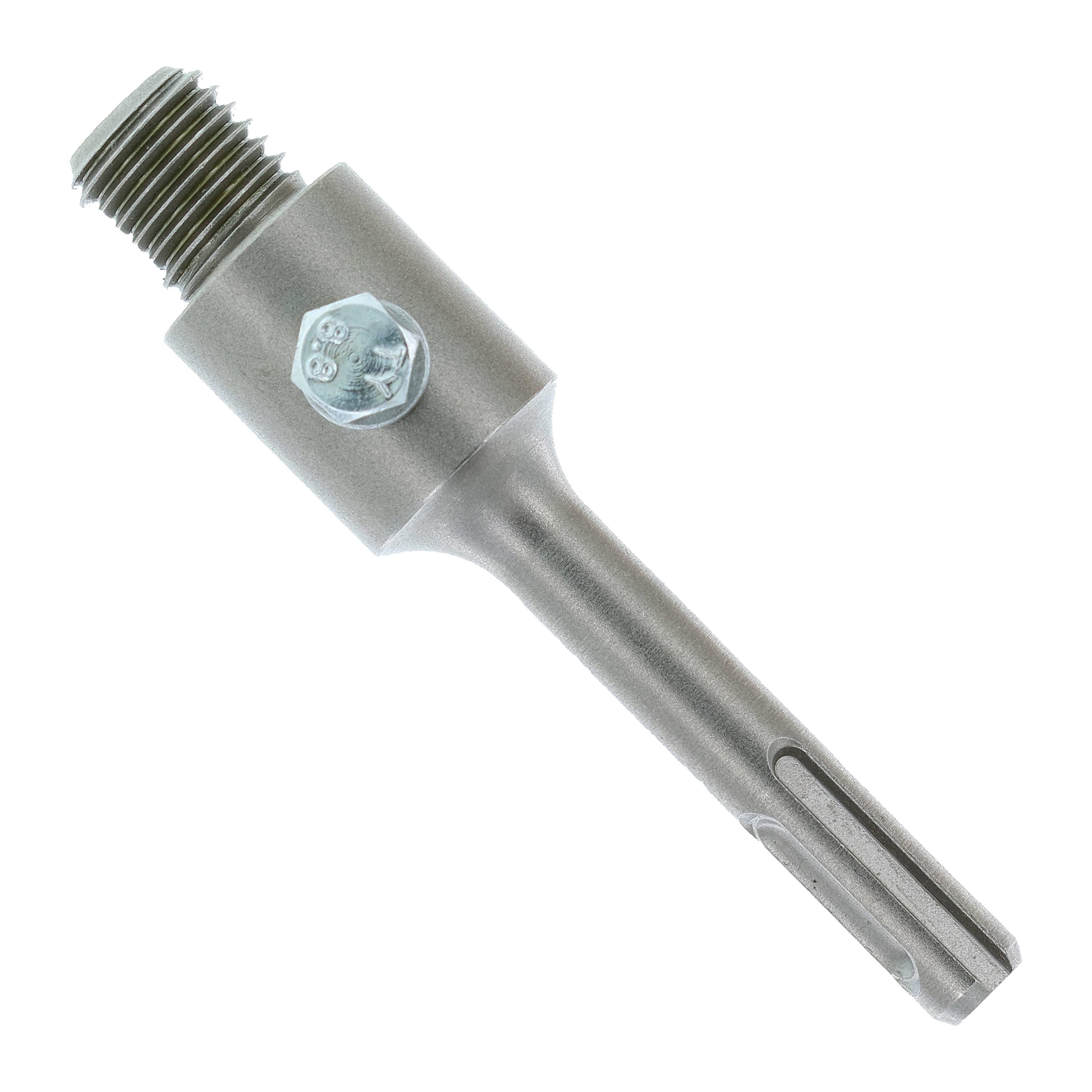 Gray metal SDS-Plus core bit extension with threaded male connector end and female socket end.