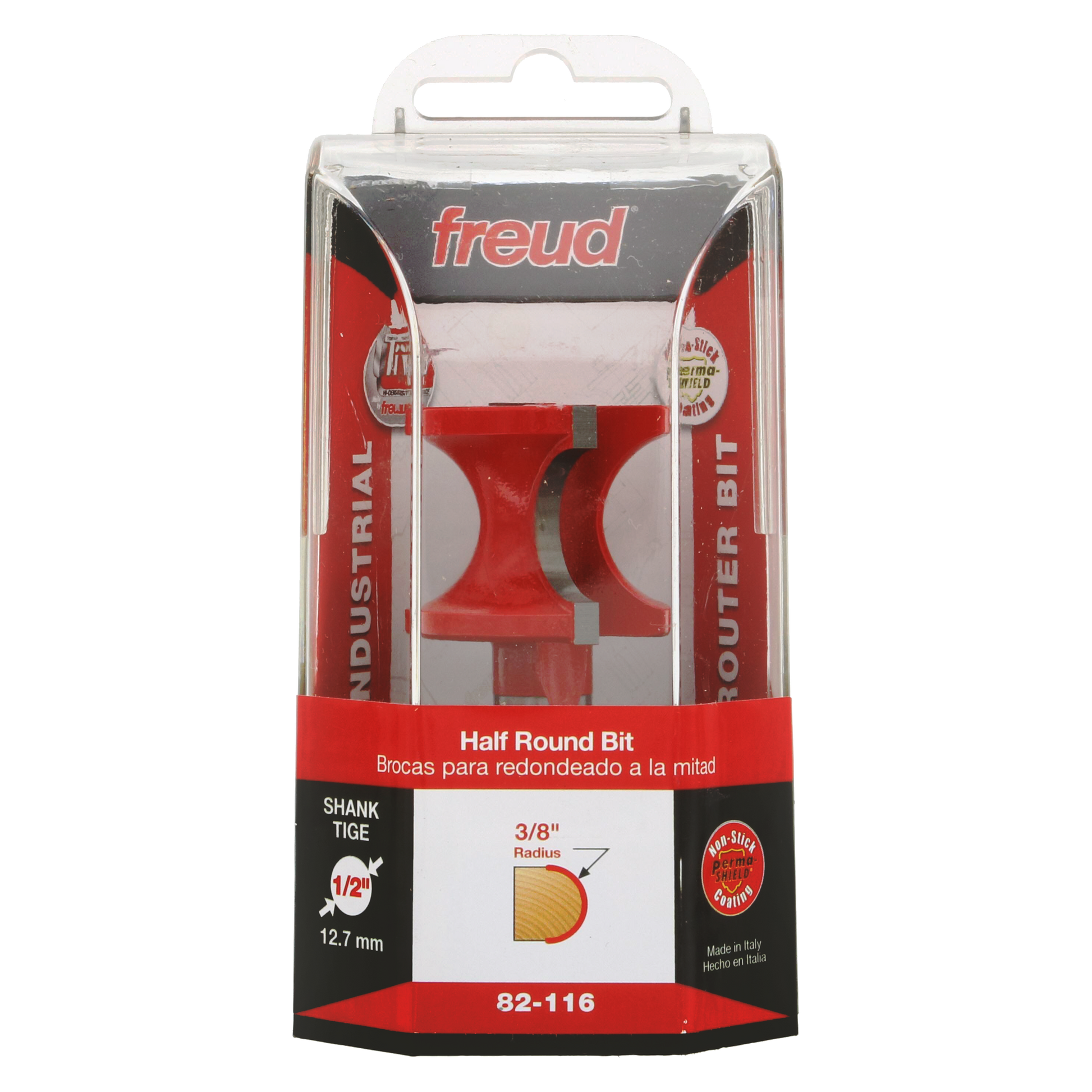 Freud half round router bit with red body, 3/8" radius, 1/2" shank, in clear plastic package.