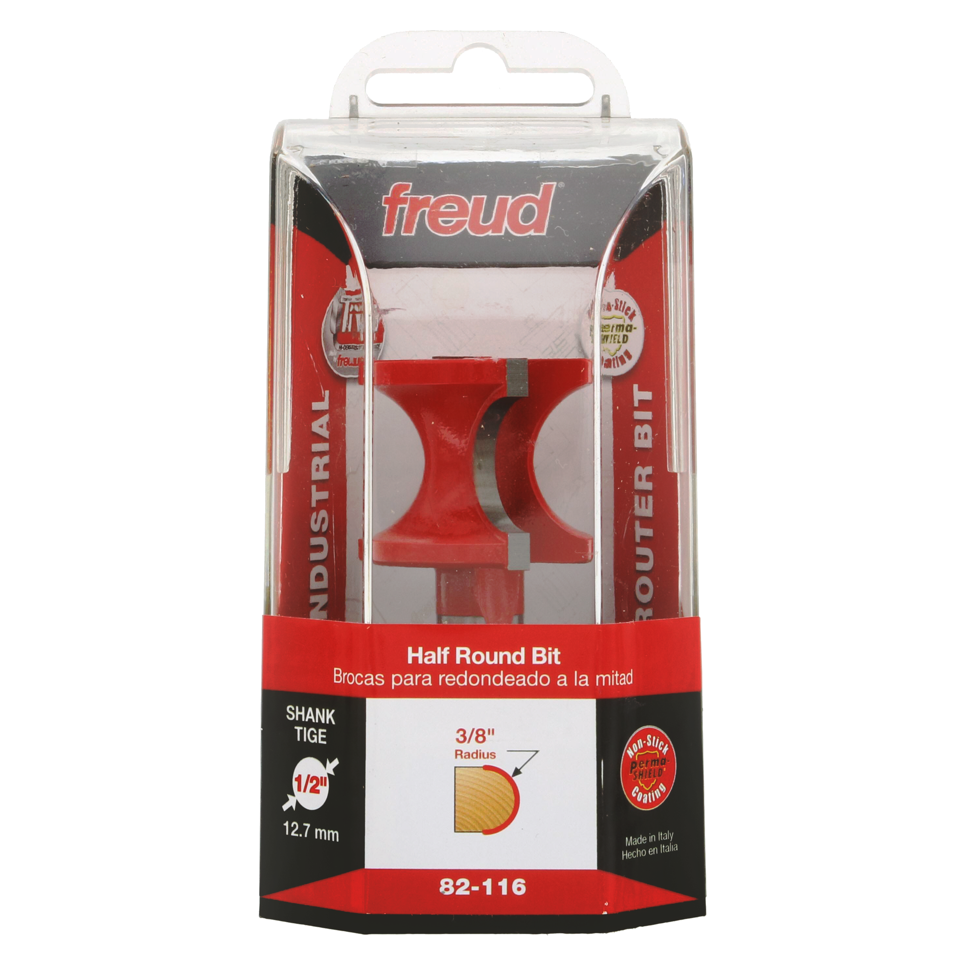 Freud half round router bit with red body, 3/8" radius, 1/2" shank, in clear plastic package.