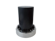 Black cylindrical rough-in base with gray mounting ring and bolt holes for freestanding bathtub filler installation.