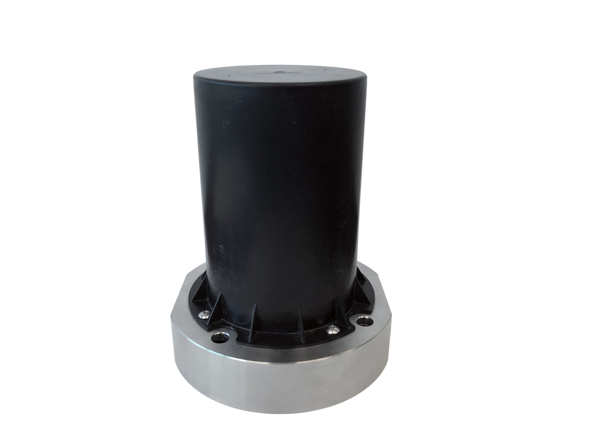 Black cylindrical rough-in base with gray mounting ring and bolt holes for freestanding bathtub filler installation.