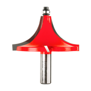 Red beading router bit with 1-1/4" radius profile, metal shank, and black bearing guide at top.