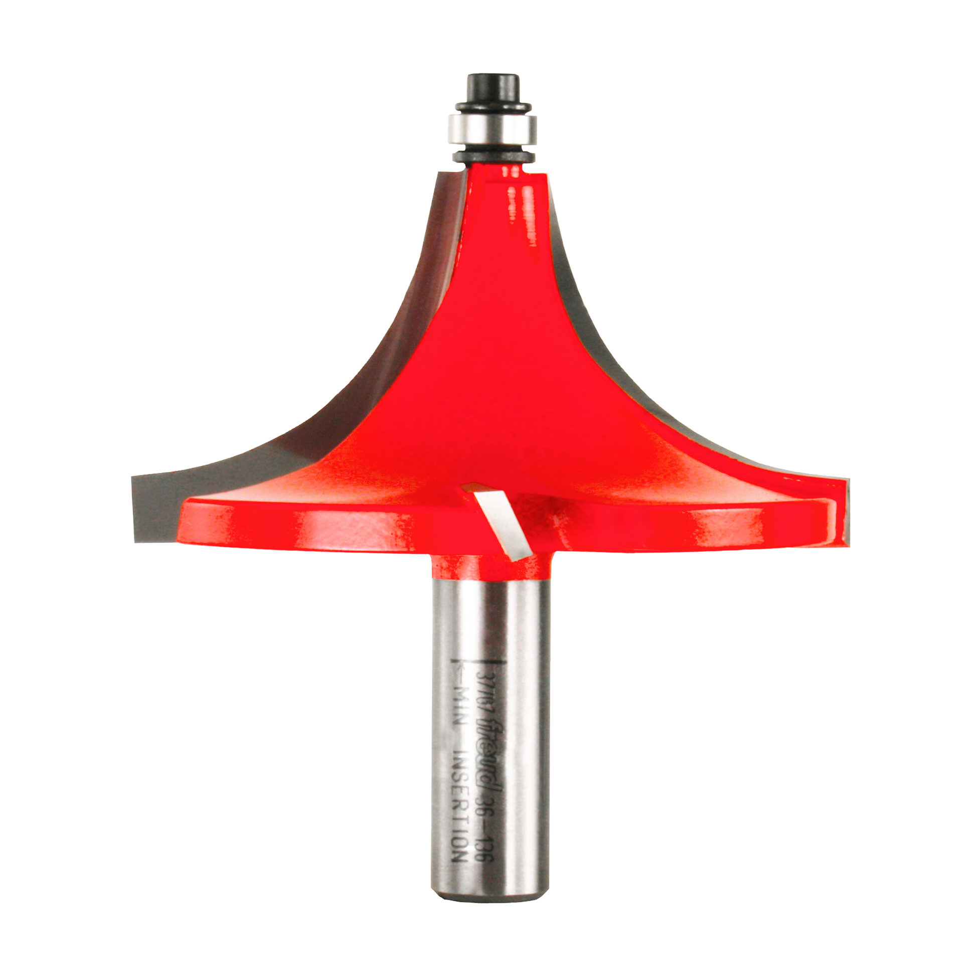 Red beading router bit with 1-1/4" radius profile, metal shank, and black bearing guide at top.