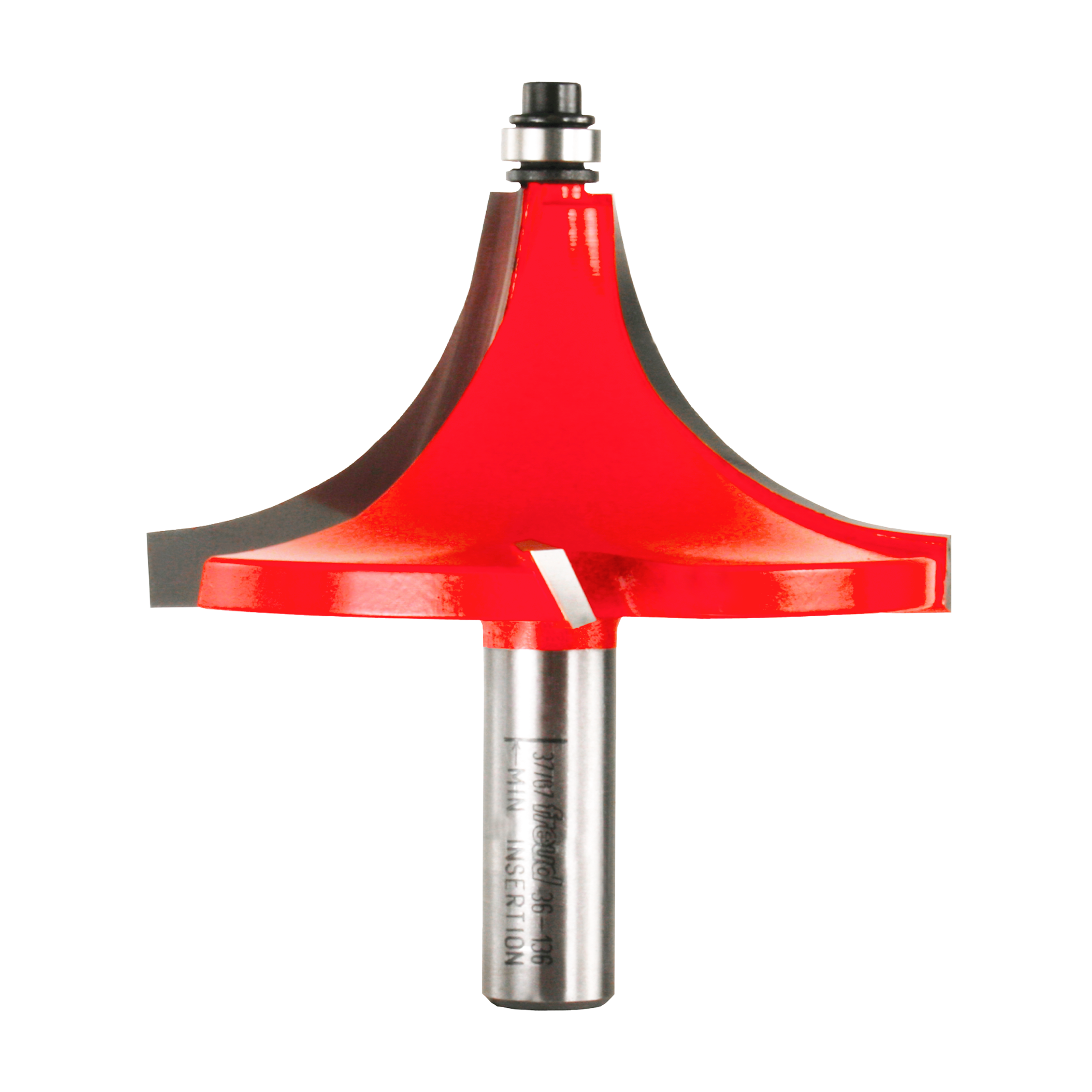 Red beading router bit with 1-1/4" radius profile, metal shank, and black bearing guide at top.