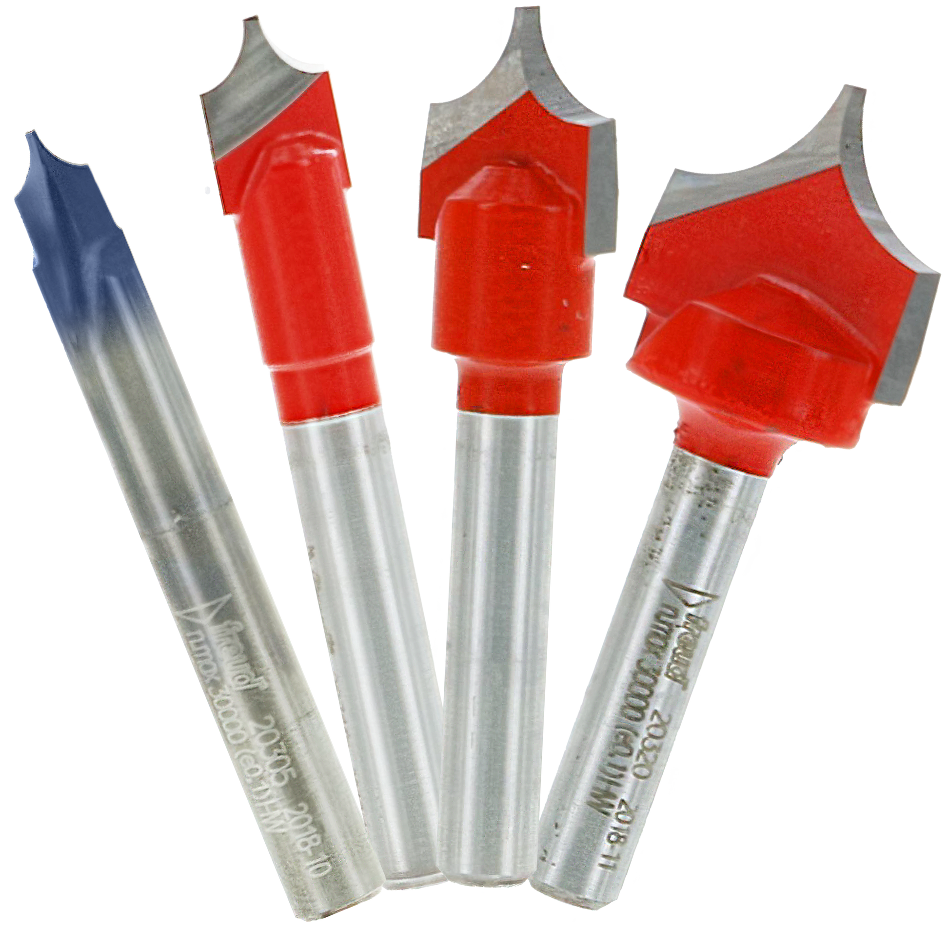 Four router bits with red cutting heads and gray metal shanks, including three V-groove bits and one angled bit.