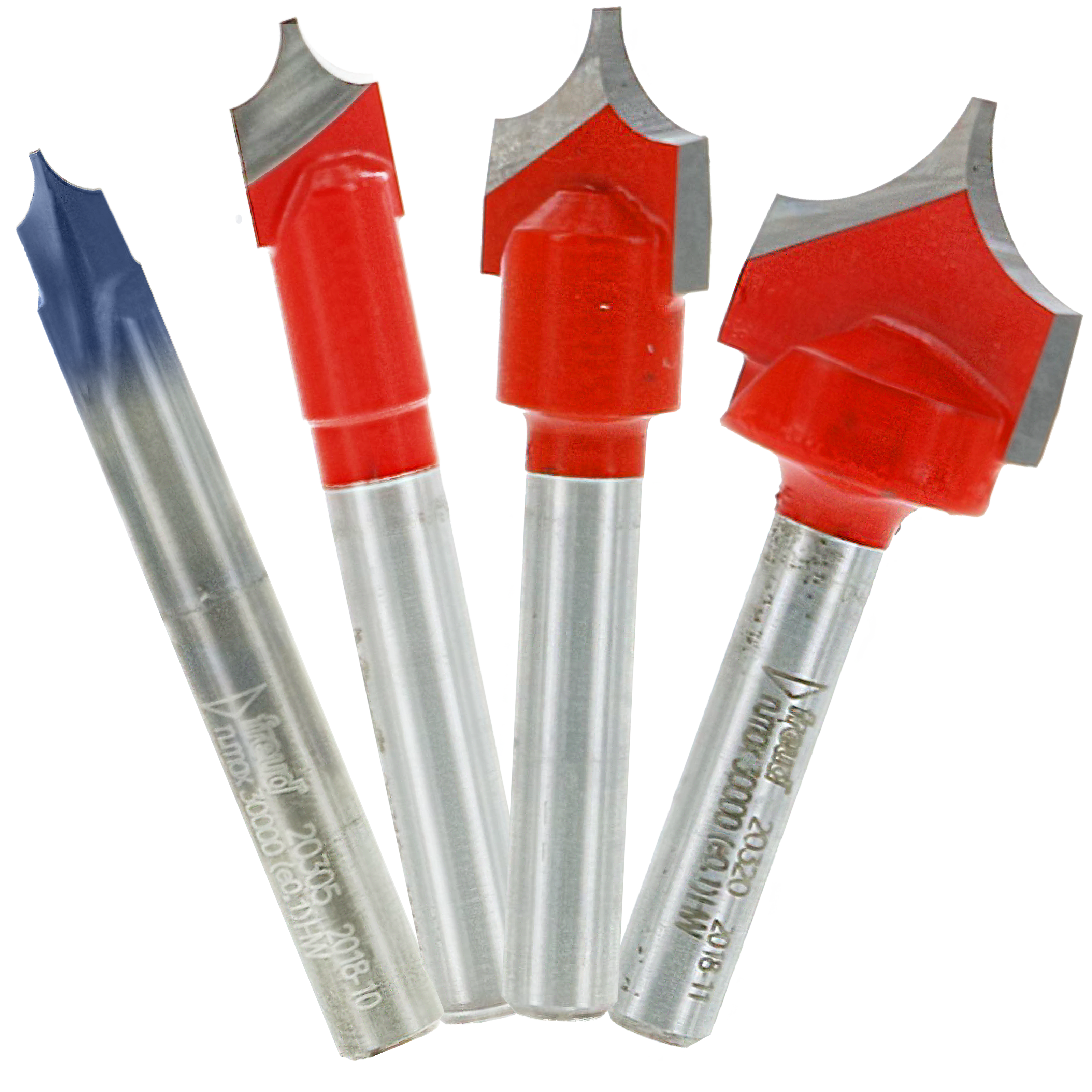 Four router bits with red cutting heads and gray metal shanks, including three V-groove bits and one angled bit.