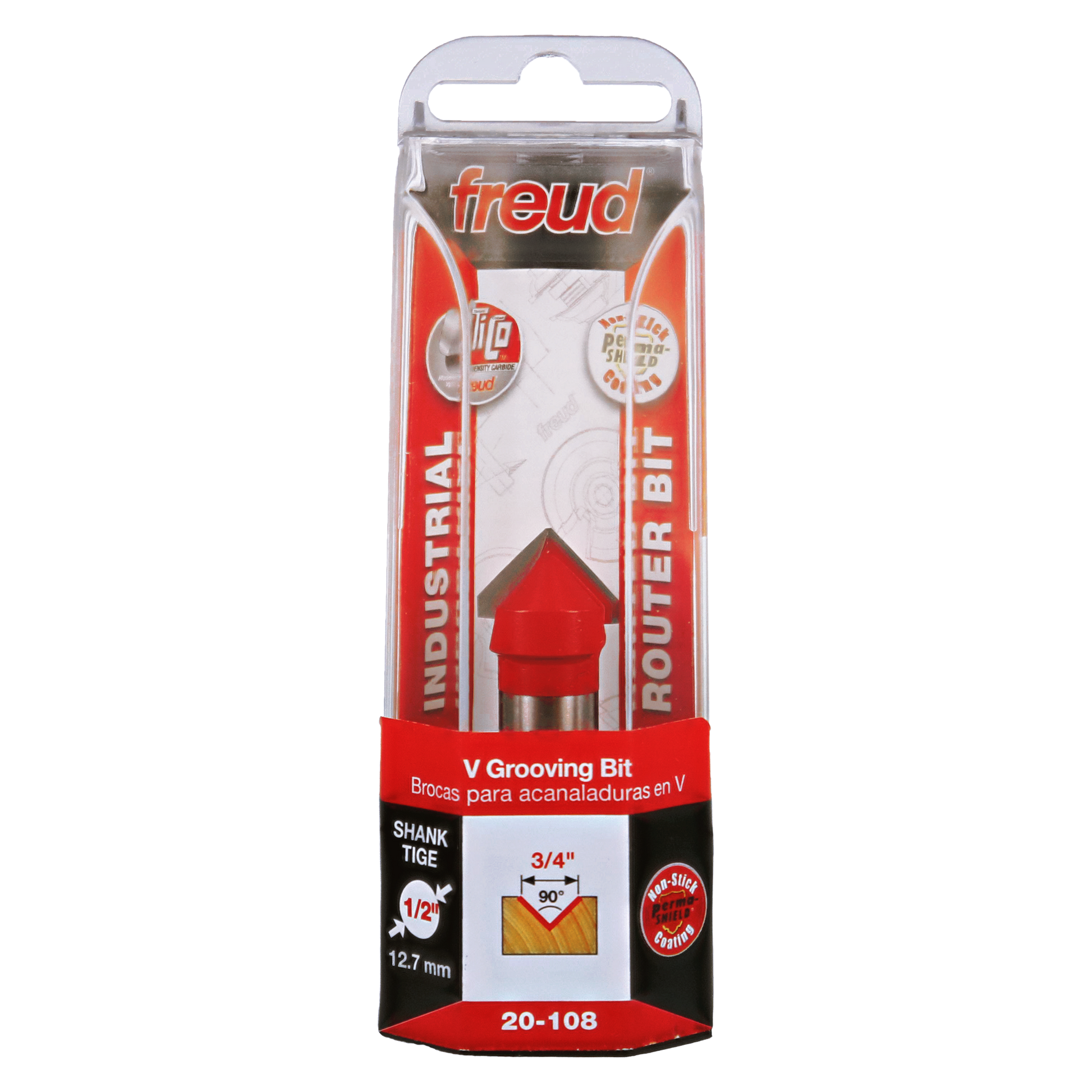Freud 3/4" V grooving router bit with 90-degree angle and tiger shank in clear plastic clamshell packaging.