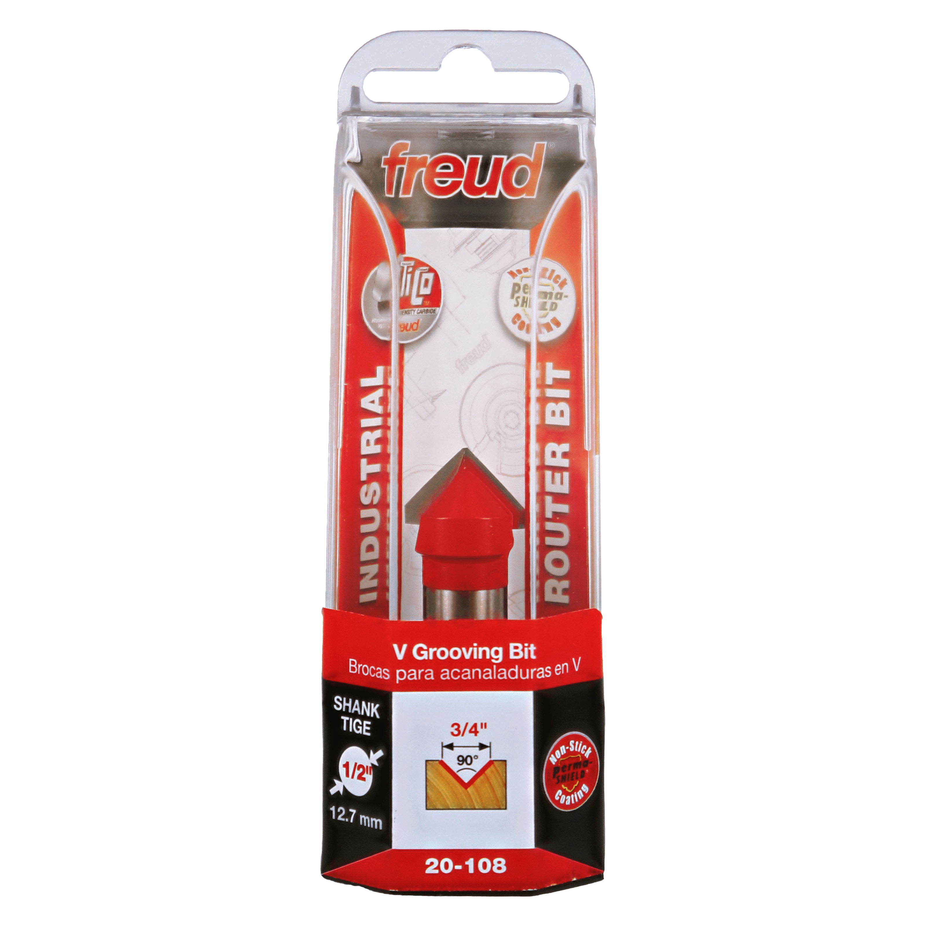 Freud 3/4" V grooving router bit with 90-degree angle and tiger shank in clear plastic clamshell packaging.