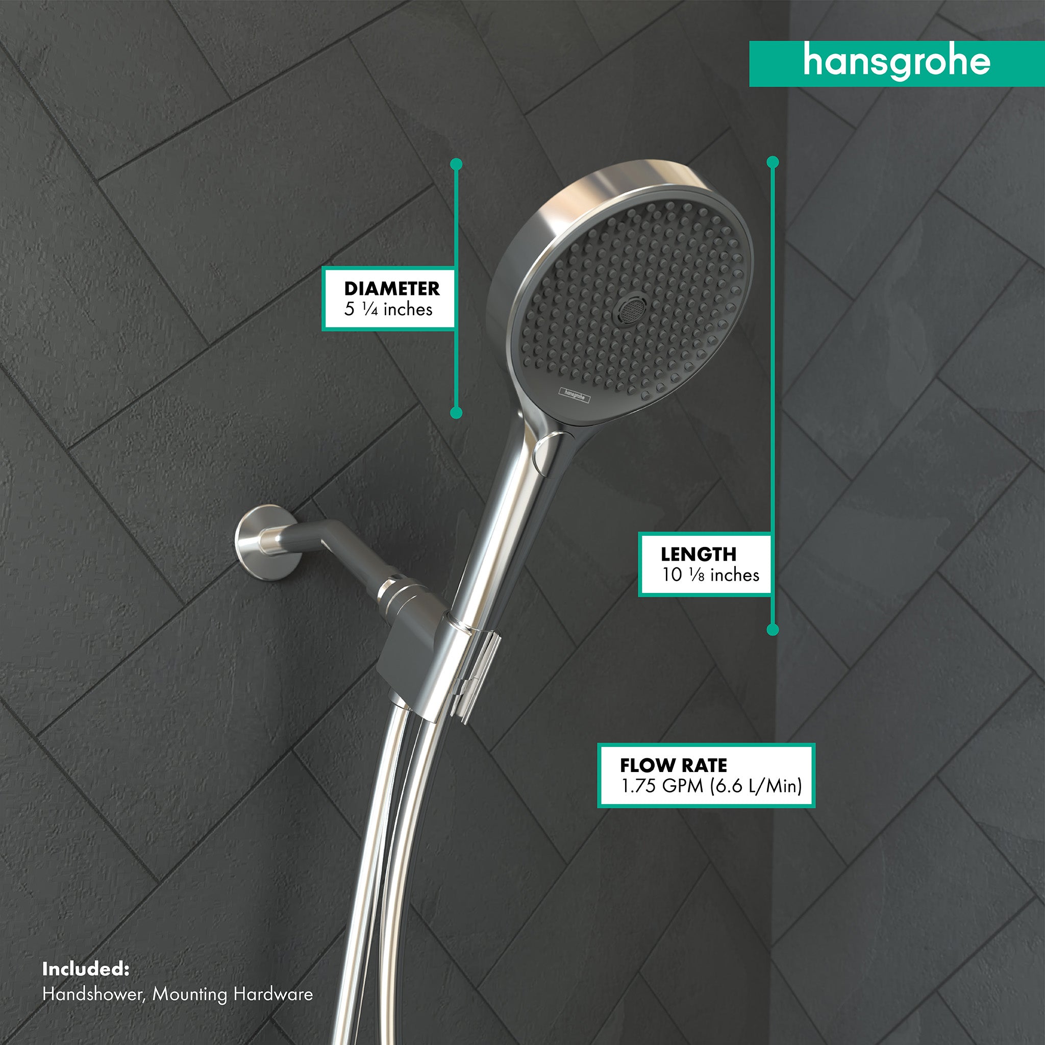 Chrome handshower with round 5¼-inch diameter head, 10¼-inch handle length, and textured spray pattern surface.