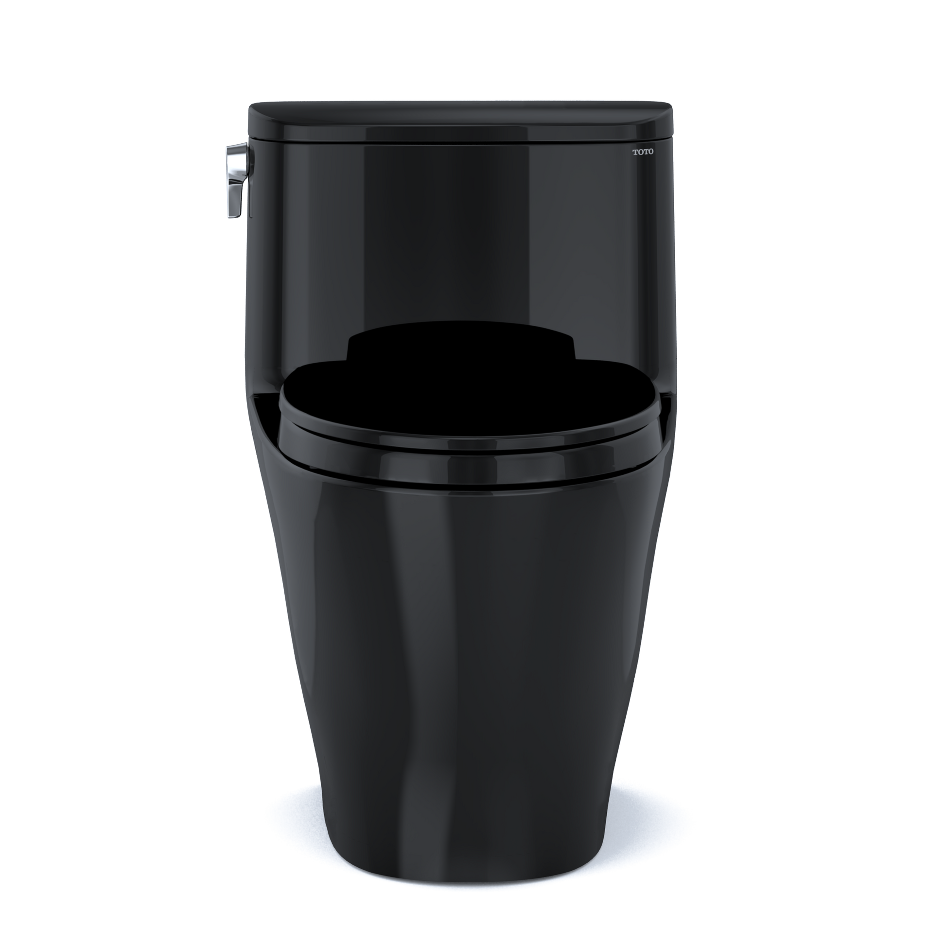 Black one-piece elongated toilet with soft-close seat and side control panel.