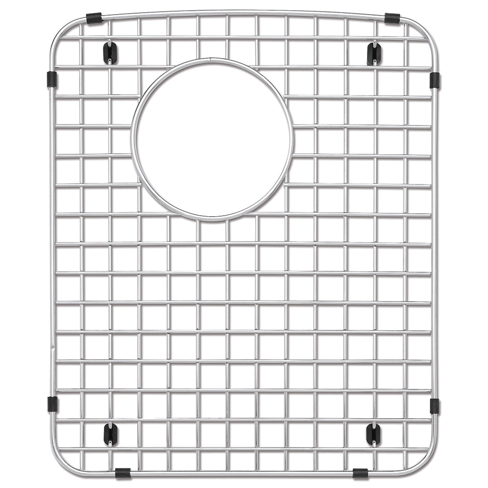 Stainless steel sink grid with square grid pattern, circular drain opening, and black rubber corner grips.