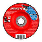 Diablo 4-1/2 inch metal grinding disc with red packaging label, gray grinding surface, and center arbor hole.