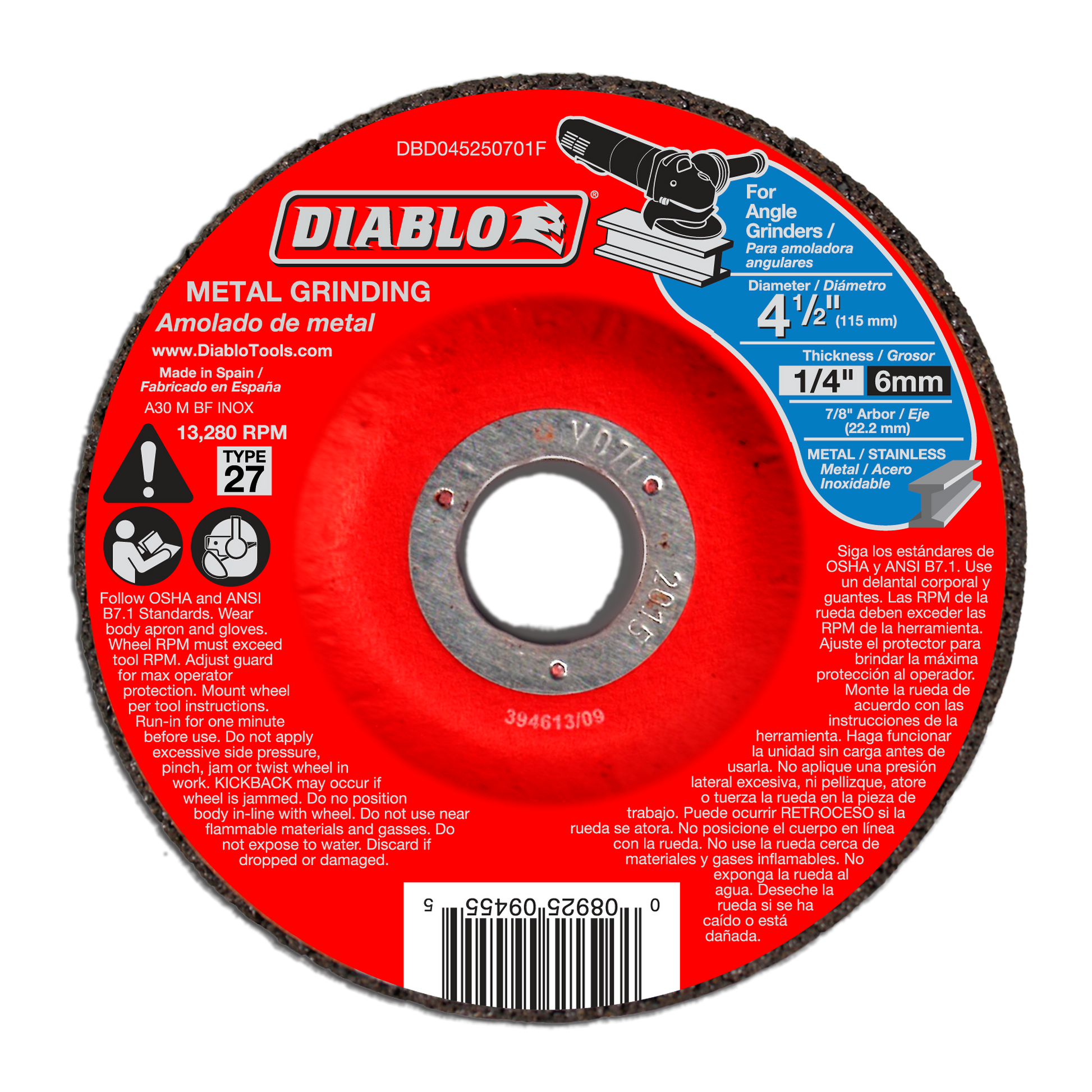 Diablo 4-1/2 inch metal grinding disc with red packaging label, gray grinding surface, and center arbor hole.