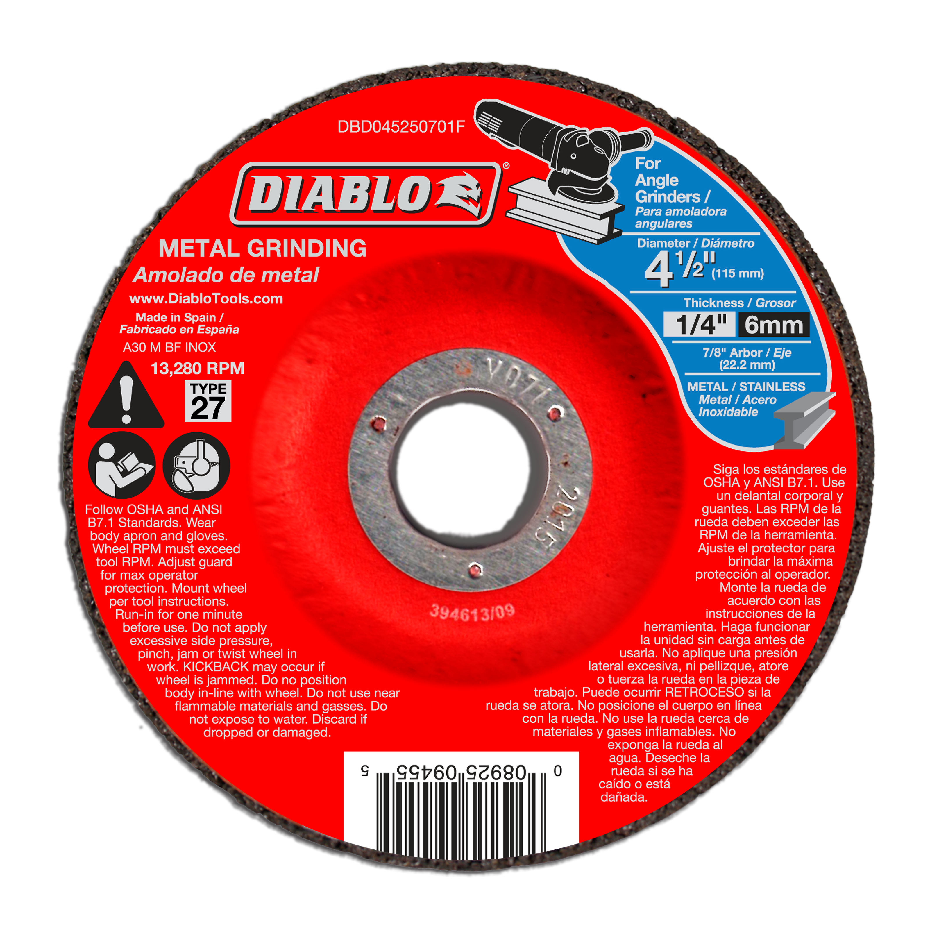 Diablo 4-1/2 inch metal grinding disc with red packaging label, gray grinding surface, and center arbor hole.