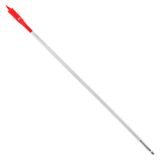 Red and silver spade bit with flat paddle head and cylindrical shank for drilling.