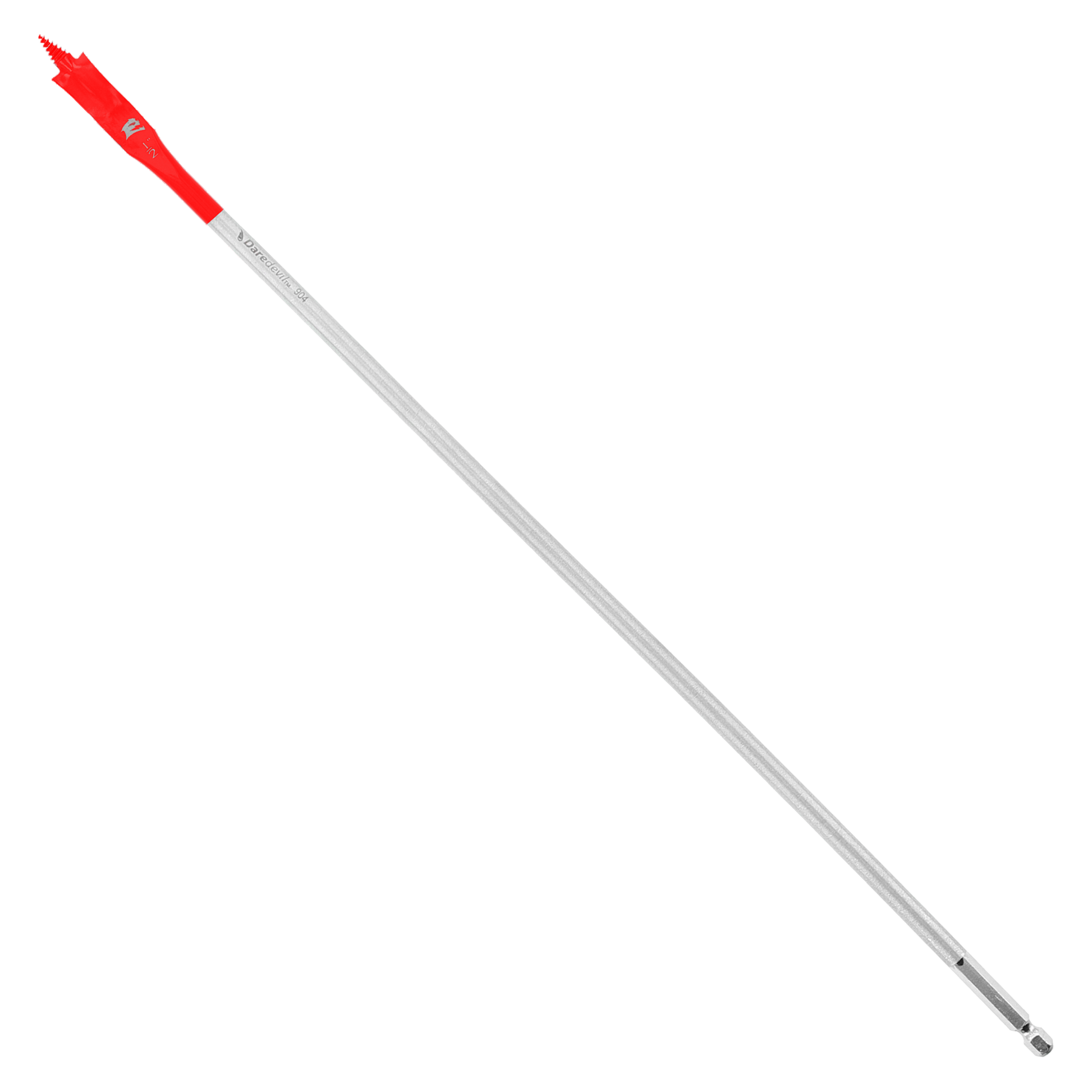 Red and silver spade bit with flat paddle head and cylindrical shank for drilling.