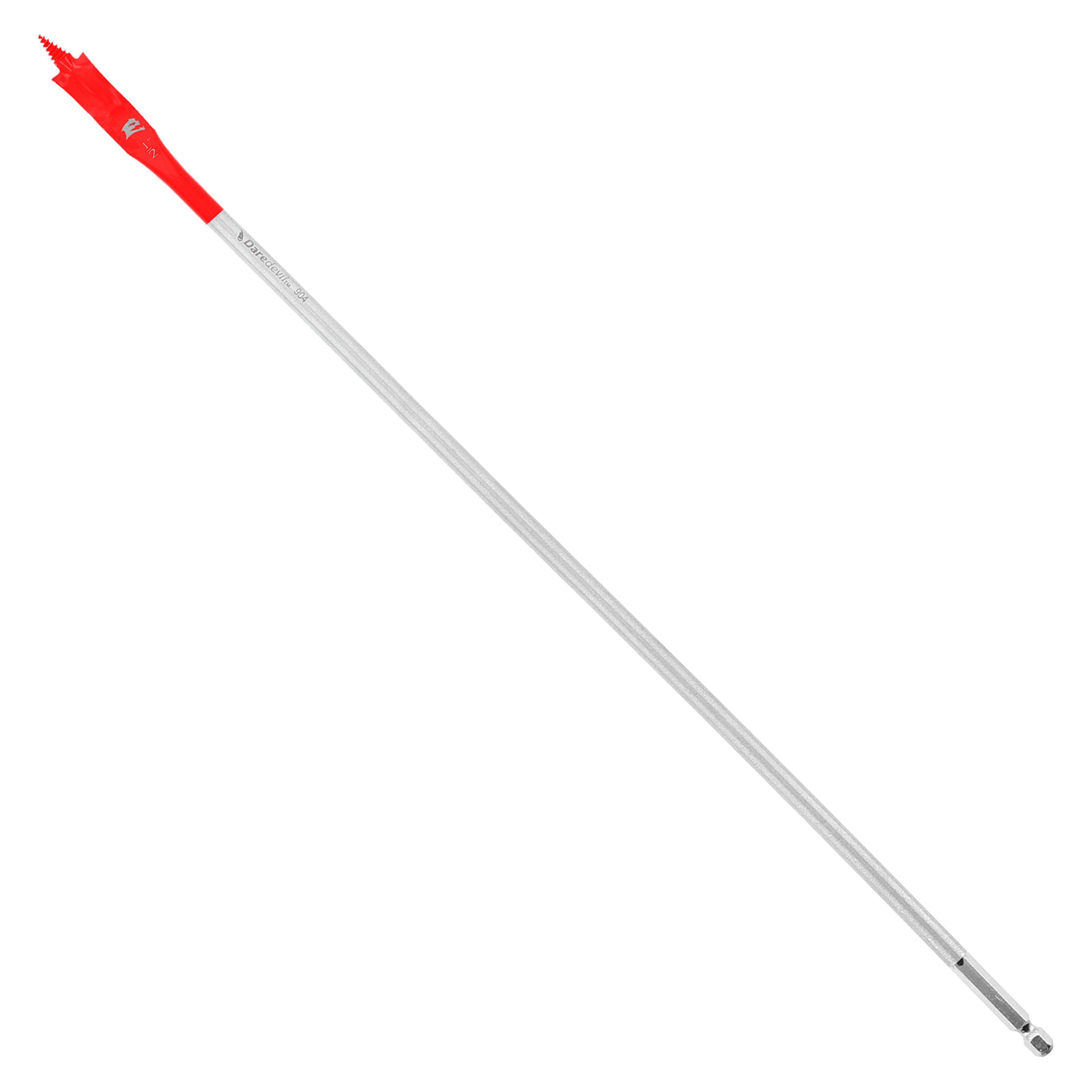 Red and silver spade bit with flat paddle head and cylindrical shank for drilling.
