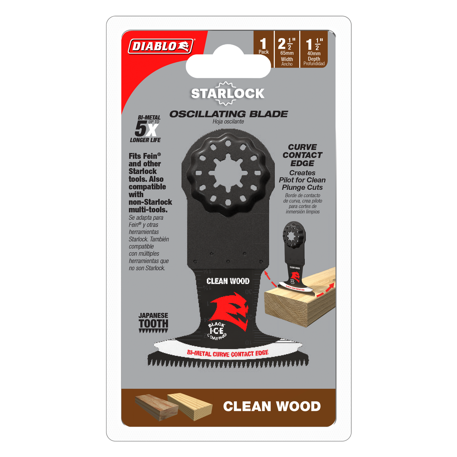 Diablo Starlock bi-metal oscillating blade with curved contact edge and Japanese tooth design for wood cutting.