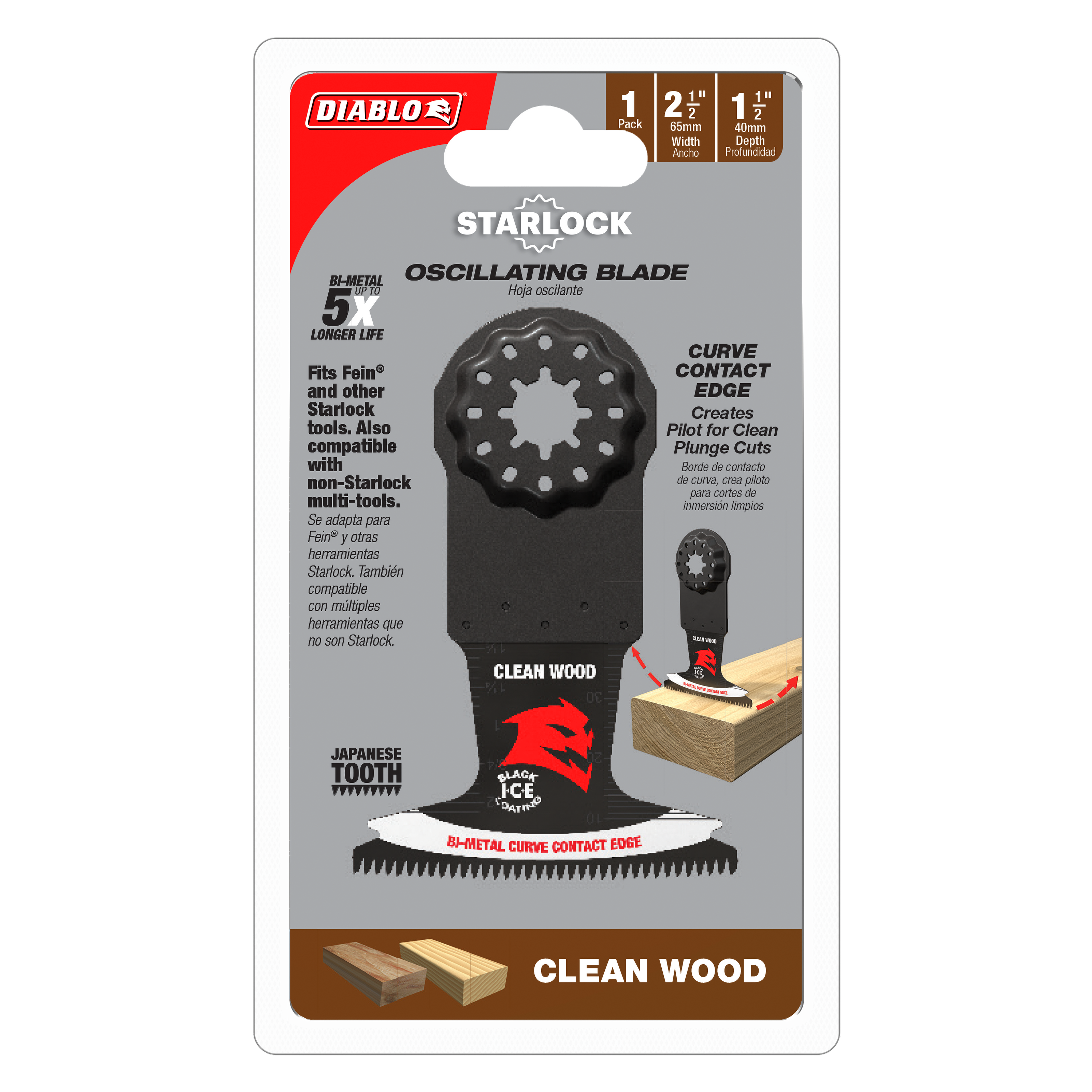 Diablo Starlock bi-metal oscillating blade with curved contact edge and Japanese tooth design for wood cutting.