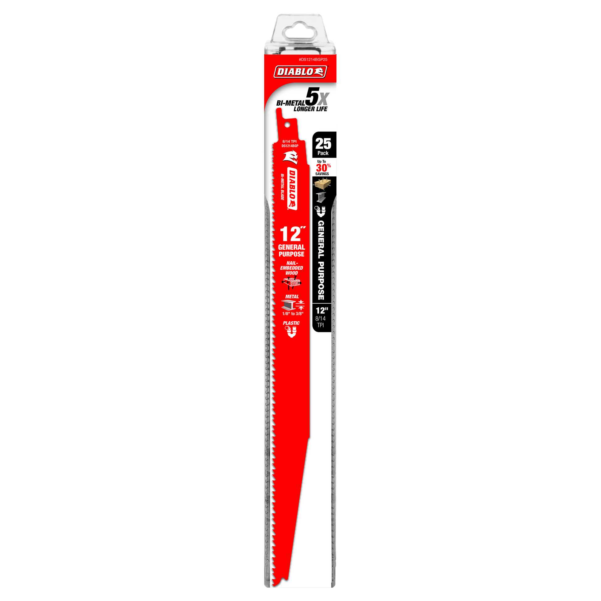 Pack of 25 Diablo 12-inch bi-metal reciprocating saw blades with serrated edges for cutting wood, metal, and plastic.