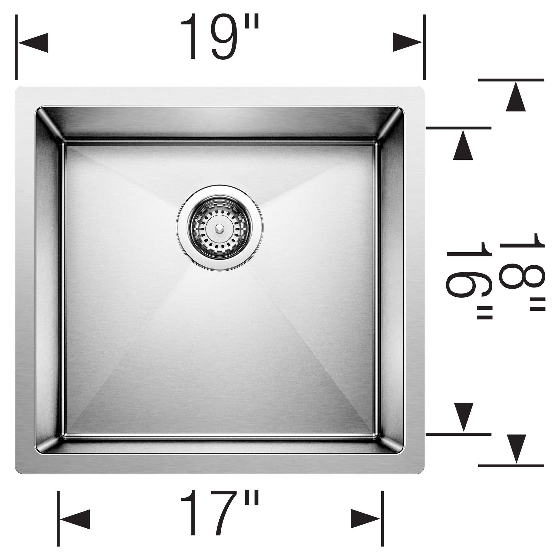 Stainless steel single bowl undermount sink with rounded corners and drain strainer, 19" x 17" top dimensions.