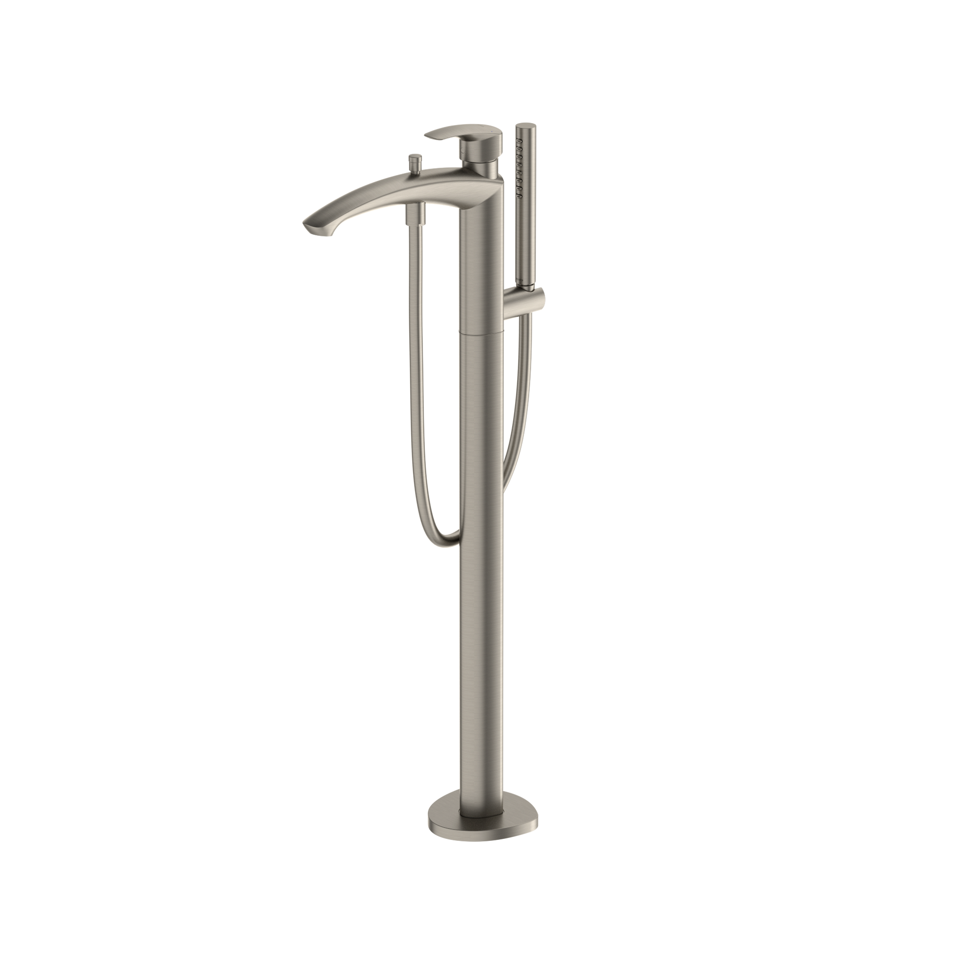 Brushed nickel freestanding tub filler with curved spout, single handle, and detachable handshower on hose.