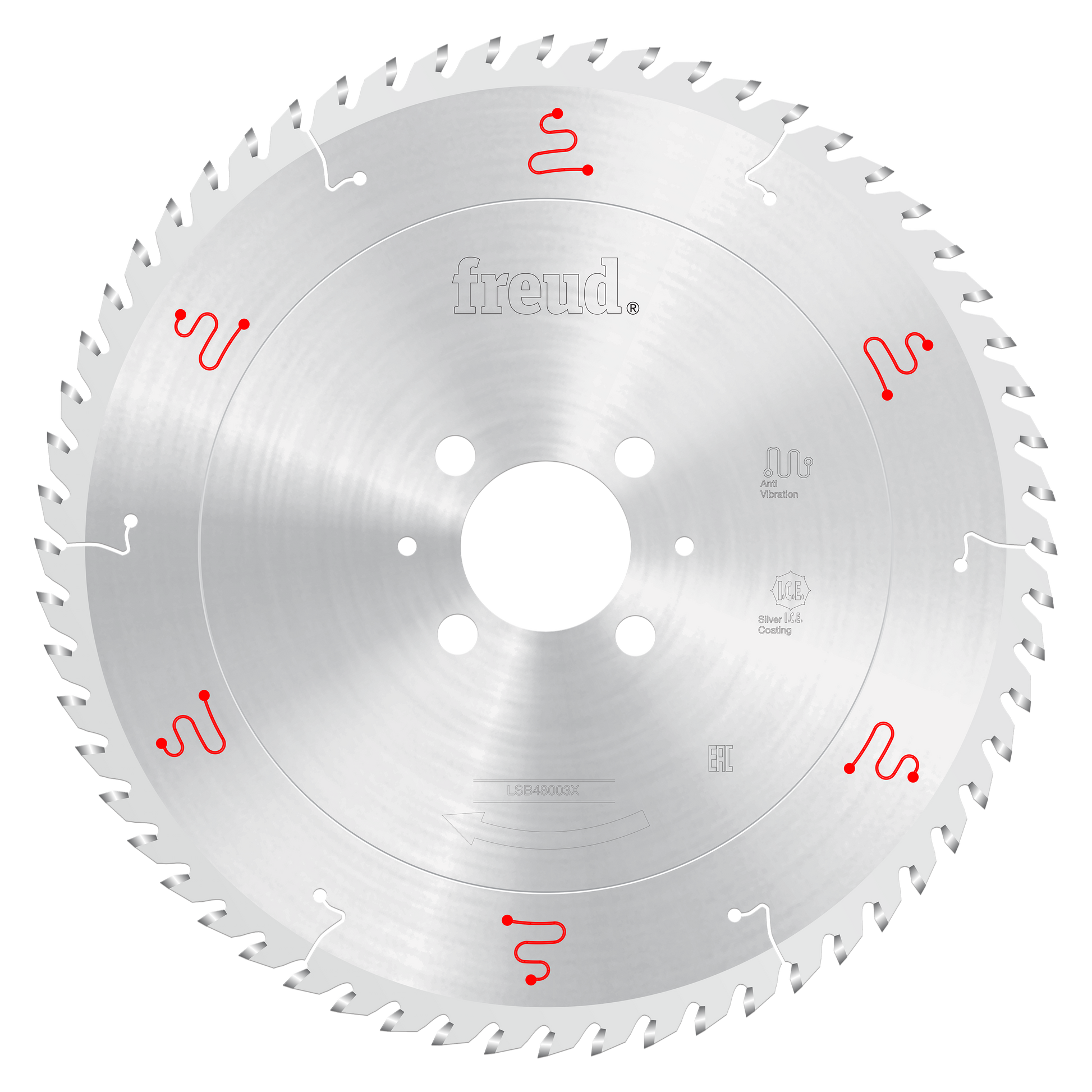 Freud 480mm circular saw blade with silver coating, multiple cutting teeth around perimeter, white center arbor hole, and red