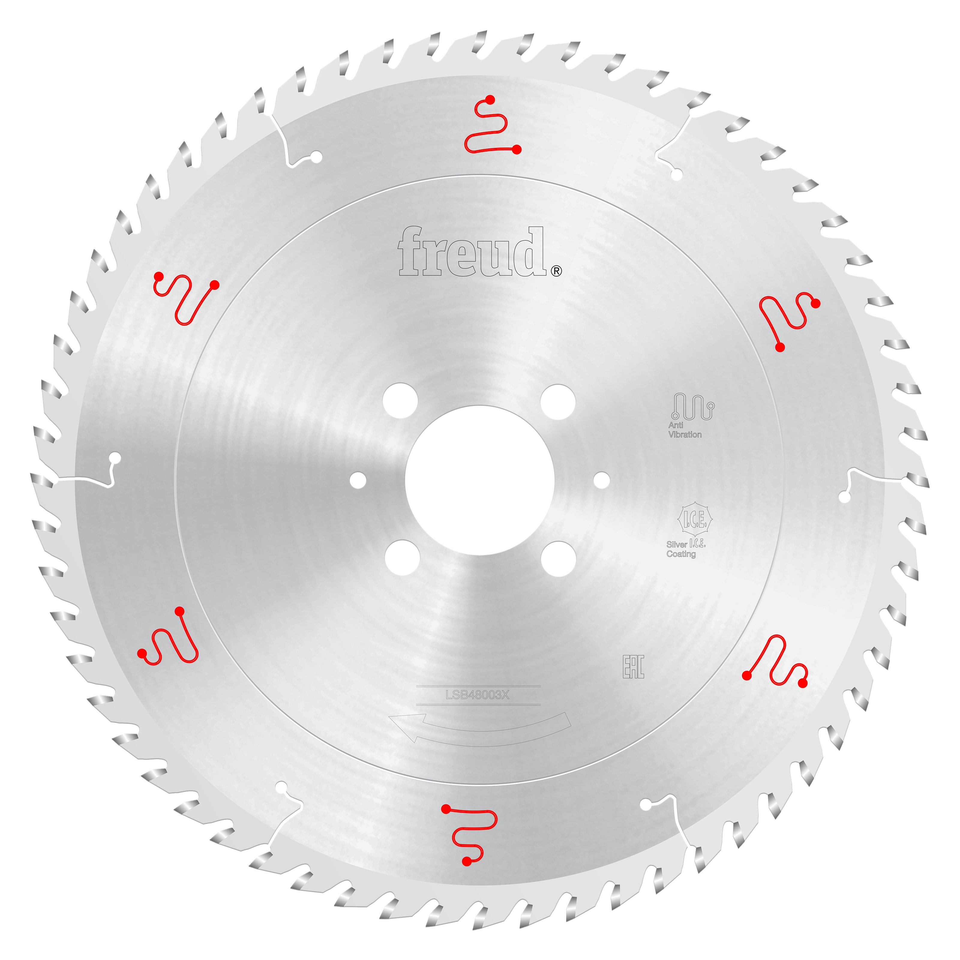 Freud 480mm circular saw blade with silver coating, multiple cutting teeth around perimeter, white center arbor hole, and red