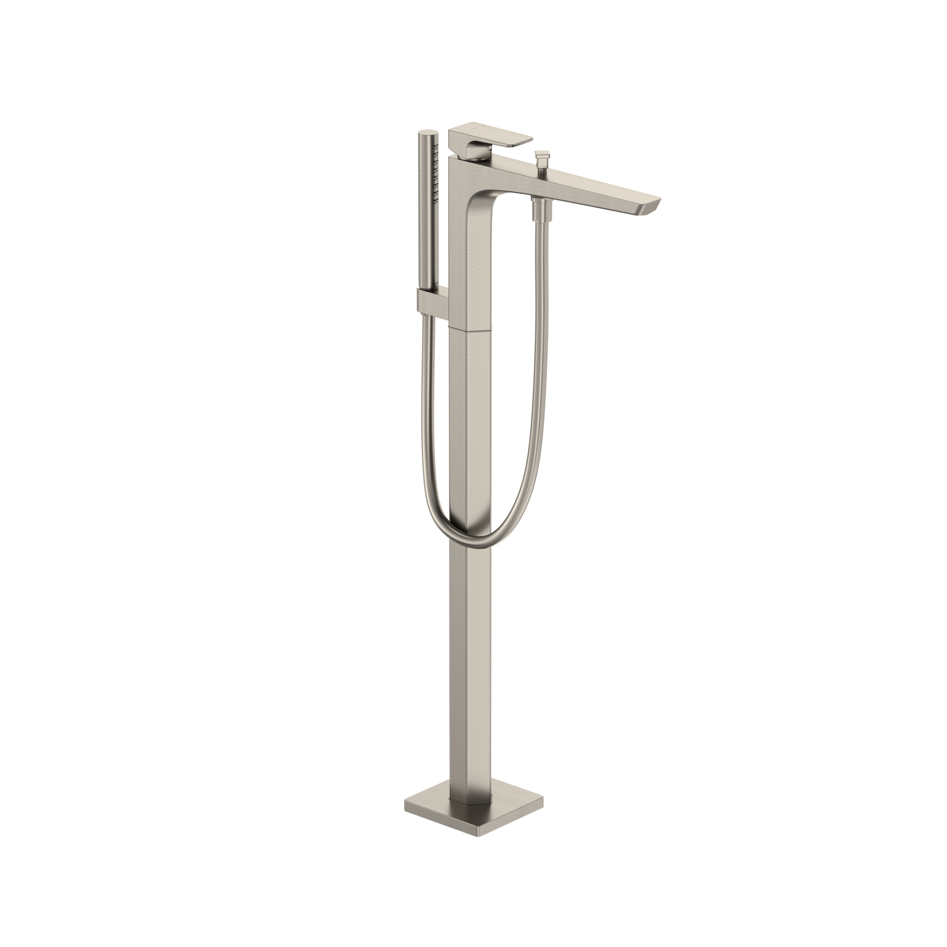 Brushed nickel freestanding tub filler with single handle, curved spout, and detachable handshower on hose.